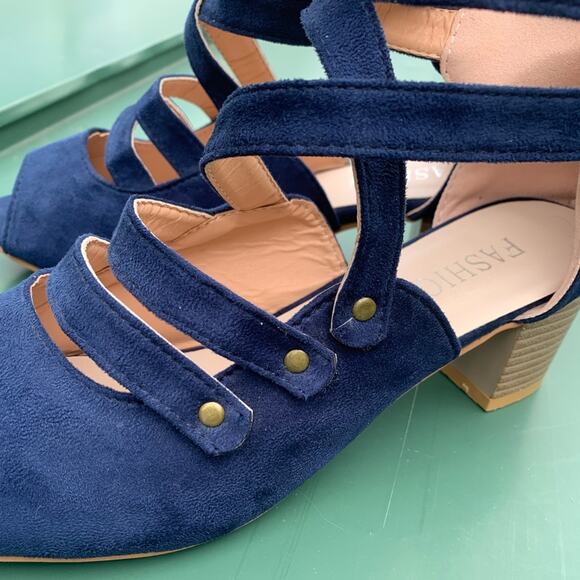 Fashion Blue strappy Saude zip up back open toe heels - Picture 7 of 13